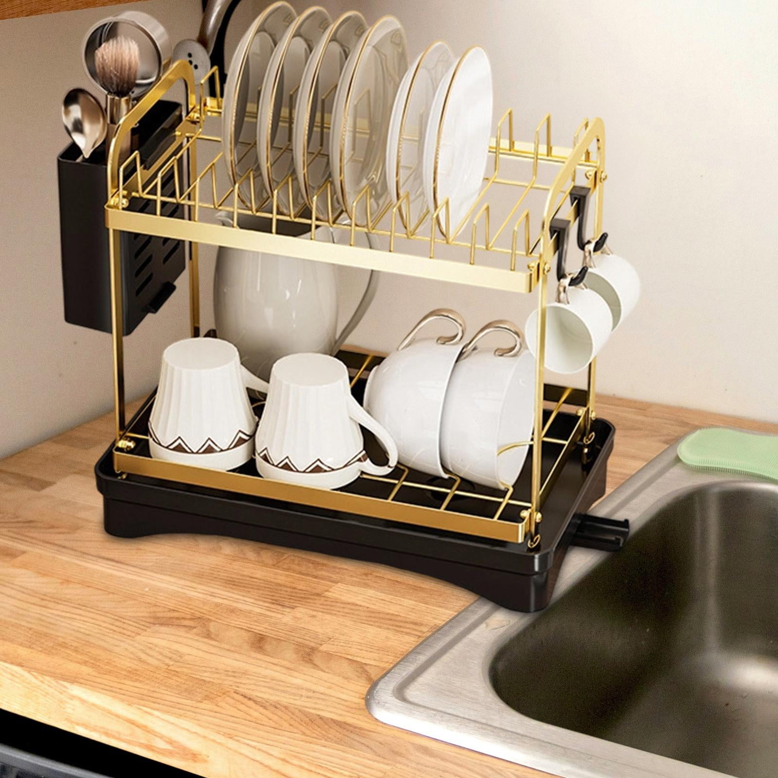Fiocias 2 Layer Kitchen Dish Drying Rack Space Saving Carbon Steel Drainer with Tray for Gold