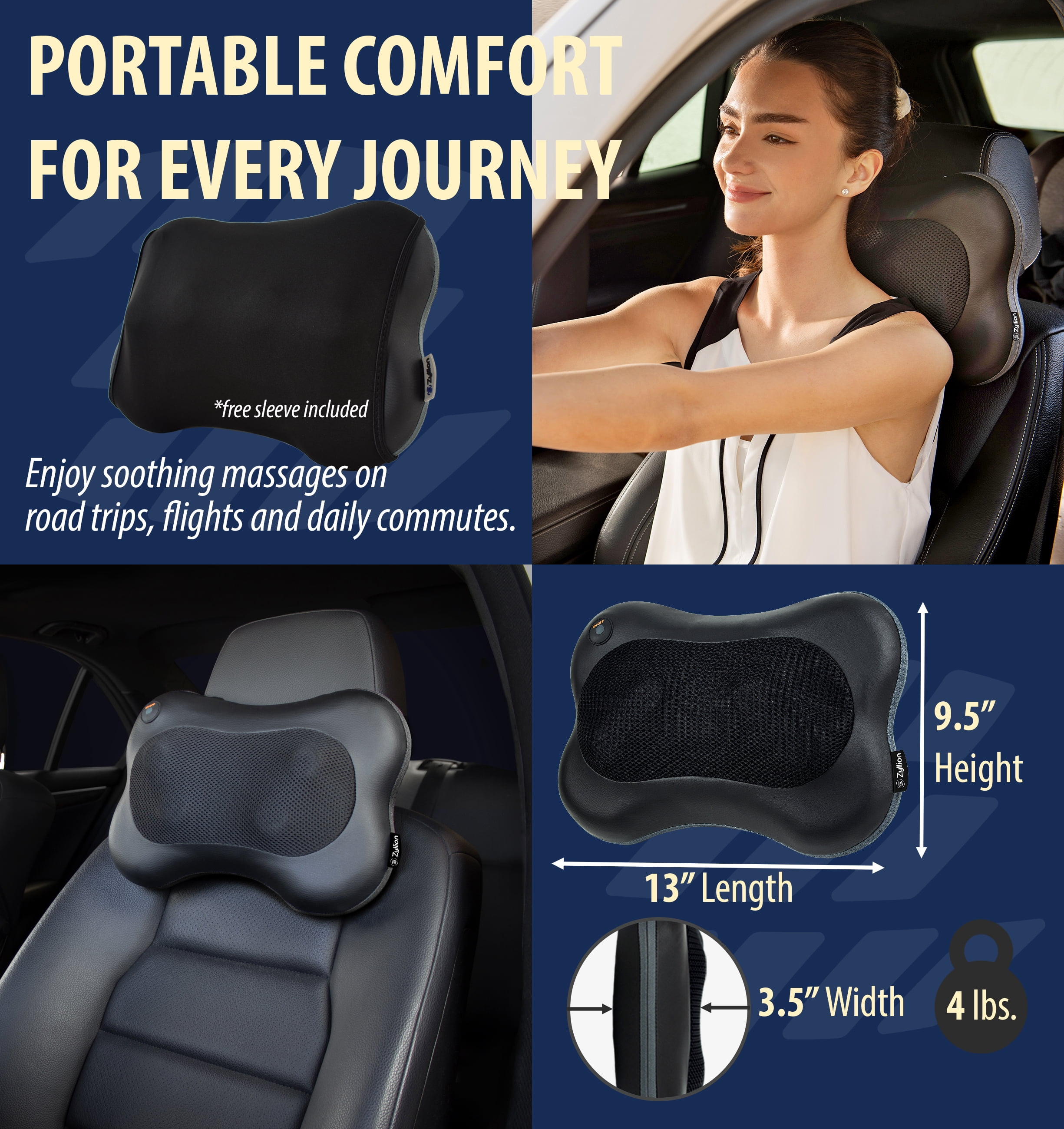 Zyllion Rechargeable Shiatsu Back & Neck Massager 3D Kneading Cordless Massage Pillow with Heat for Muscle Pain, Black