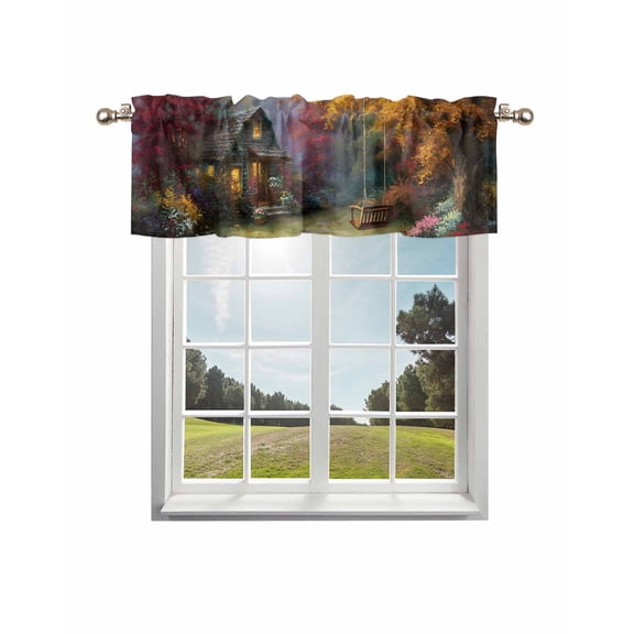 Country Forest Kitchen Curtain Valances for Windows Farmhouse Short Curtains, Fall Farmhouse Trees Cabin Nature Scenery Rod Pocket Valance Curtain for Bedroom Cafe Living Room 42"x18"