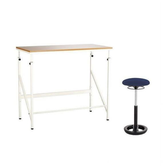 Safco Elevate 48W 2 Piece Office Set with Standing Desk in Brown and Backless Drafting Chair in Blue