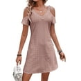 thumbnail image 1 of LilyLLL Womens Solid Color Lace Crochet Cold Shoulder Swing Mini Dress, 1 of 5