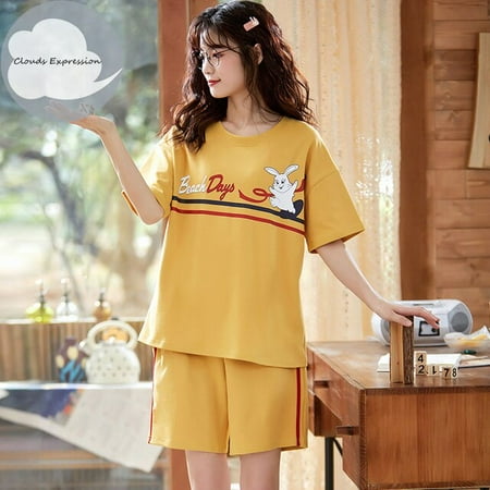 

QWZNDZGR Summer Nightwear Sets Knitted Cotton Cute Cartoon Pyjamas Sweet Casual Women’s Pajamas Short Sleeve Sleepwear Homewear Fashion