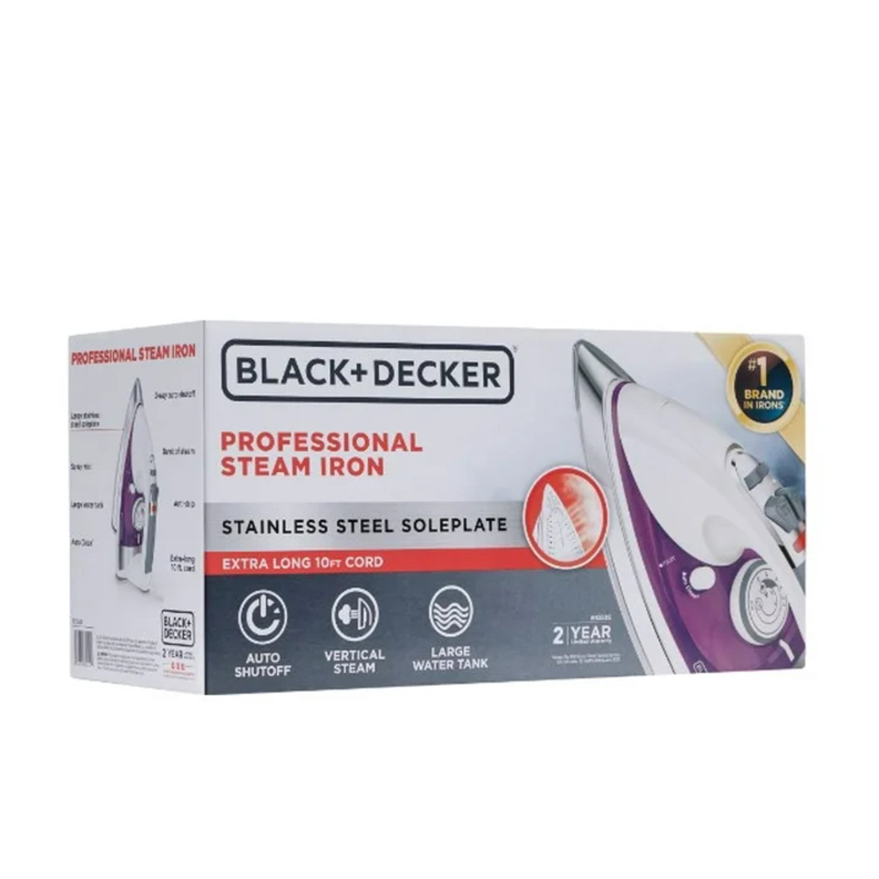 BLACK+DECKER Steam Iron for Clothes, 1500W, Stainless Steel Soleplate, Auto Shut-Off, Self-Cleaning, 10ft Cord, White