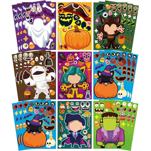 24 Sheets Halloween Party Stickers, Make Your Own Halloween Stickers, Face Stickers, Pumpkin, Mummy, Zombie, Werewolf, Vampire Party Favors