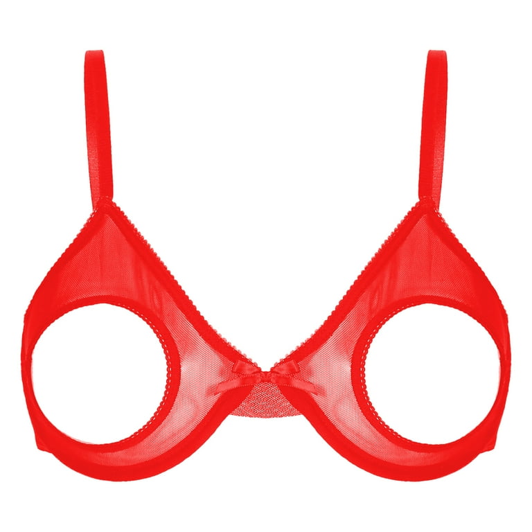 YONGHS Women's 1/4 Cup Bra See Through Mesh Underwear Bralette Hollow Out Push  Up Shelf Bra Tops Red XL 