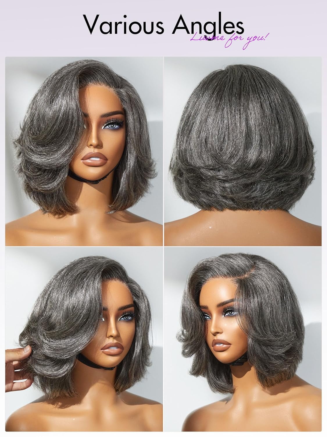 LUVME 10" Hair Salt & Pepper Layered Bob Glueless Lace Wig Gray for Women Short Grey Bob Wigs Pre Plucked