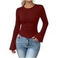 thumbnail image 5 of Aezemi Womens Flare Long Sleeve Shirts Fashion Ribbed Round Neck Slim Fit Casual Daily Tops Spring Fall Outerwear Trendy Casual Comfy All Match Tees XL, 5 of 7