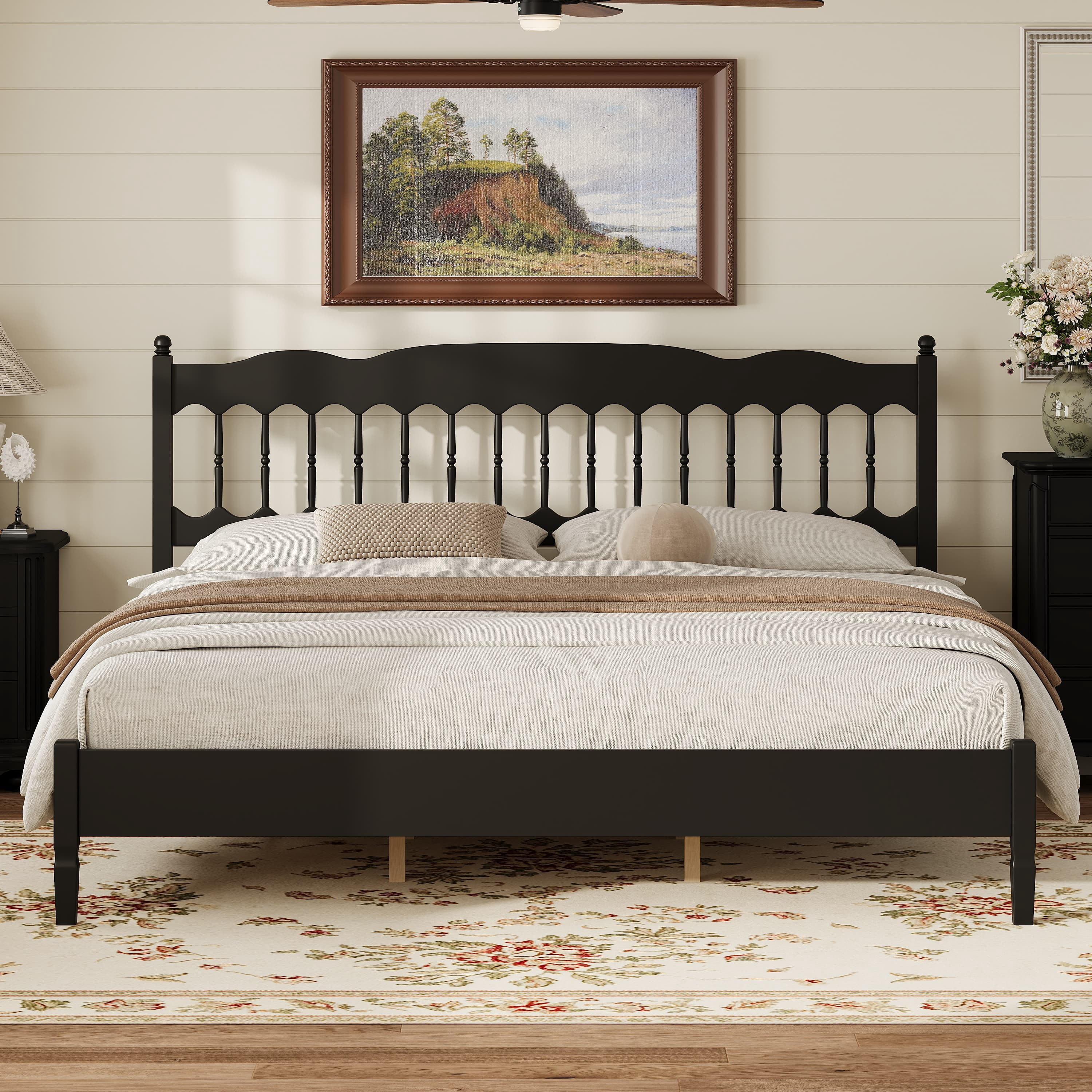Euroco Wood King Size Platform Bed, Countryside Style Bed Frame with Spindle Headboard, No Box Spring Needed, Black