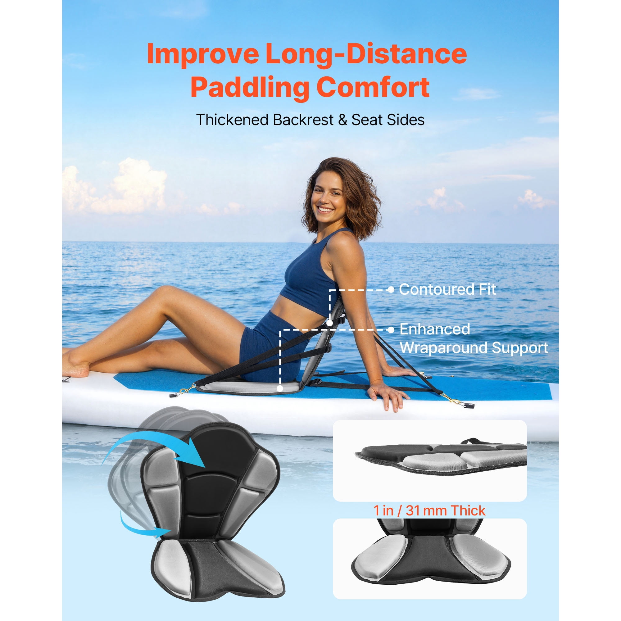 KFFKFF Universal Kayak Seat, 1 Pack 1" Thick, Comfortable Paddle Board Seat with Backrest, Soft Padded Cushion with Storage Bag & Adjustable Straps for SUP, Fishing Boat, Inflatable Kayak, Rowboat