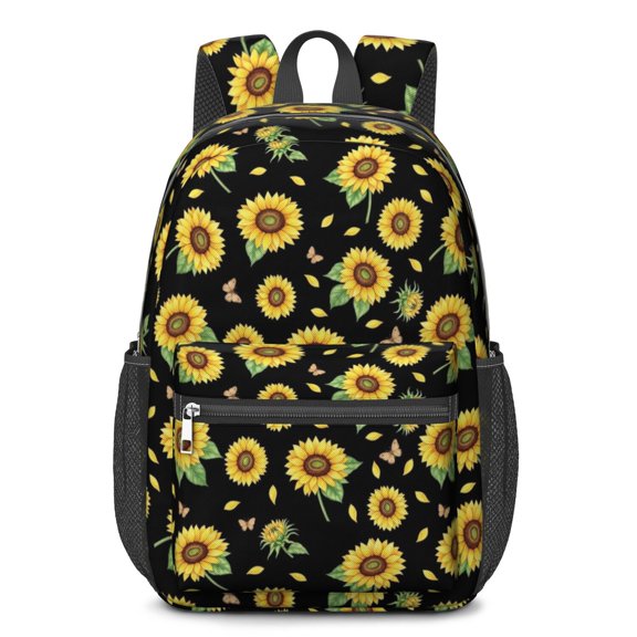 Sunflower and Butterfly Black Pattern 17" Waterproof Oxford School Backpacks for Teens, S-Shape Padded Straps, for School, Travel, Hiking, Camping