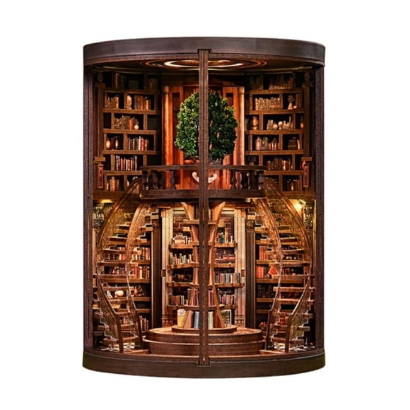 DIY Book Nook Kit with LED Light, 3D Wooden Puzzle Miniature Dollhouse Bookshelf Insert Decor Craft Gift (Wisdom Rings Book Repository)