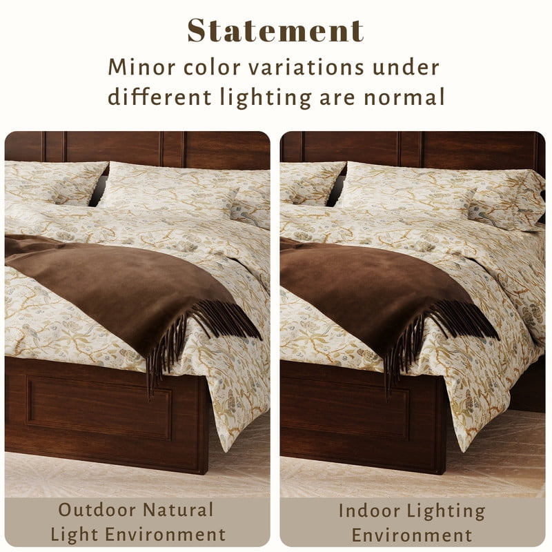 Vintage Queen Size Platform Bed with Adjustable Height Headboard, Wooden Low-Profile Bed Frame with Under-Bed Storage