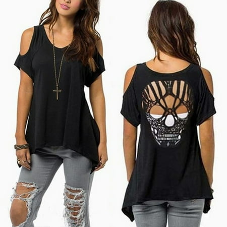 Laser Cut Blouse Black - Women Cold Shoulder Short Sleeve T-Shirt Cut Hollow Skull Backless Blouse Casual Top