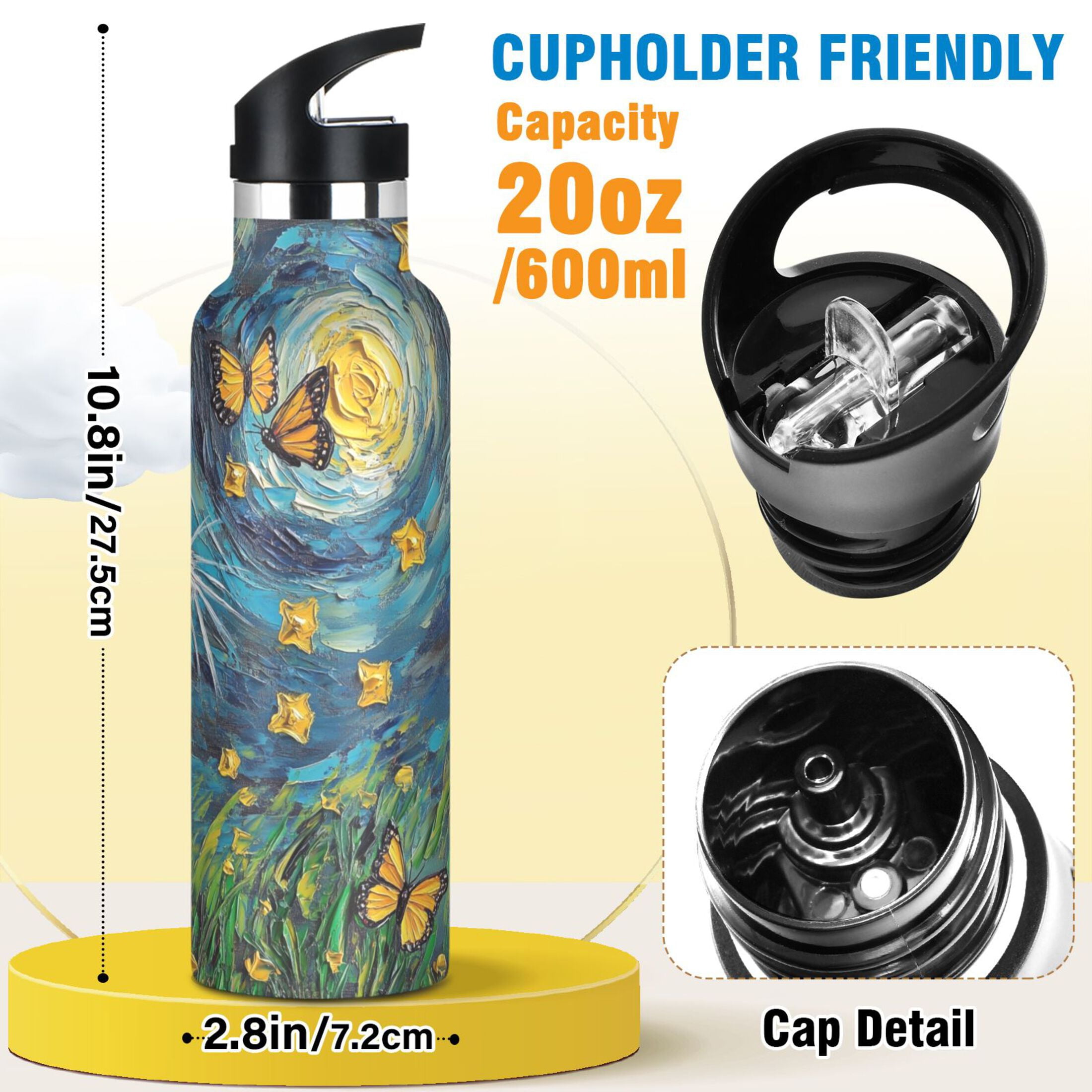 600ML Stainless Steel Insulated Cup Sports Water Bottle Portable Thermos Cup Water Glasses Insulated Tumblers Convenient and Durable Starry Sky Cat Butterfly