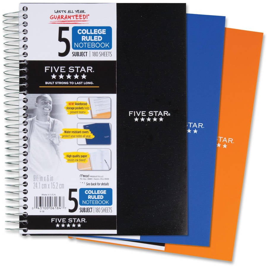 Mead Five Star 5Subject CollegeRuled Notebook, Assorted Colors