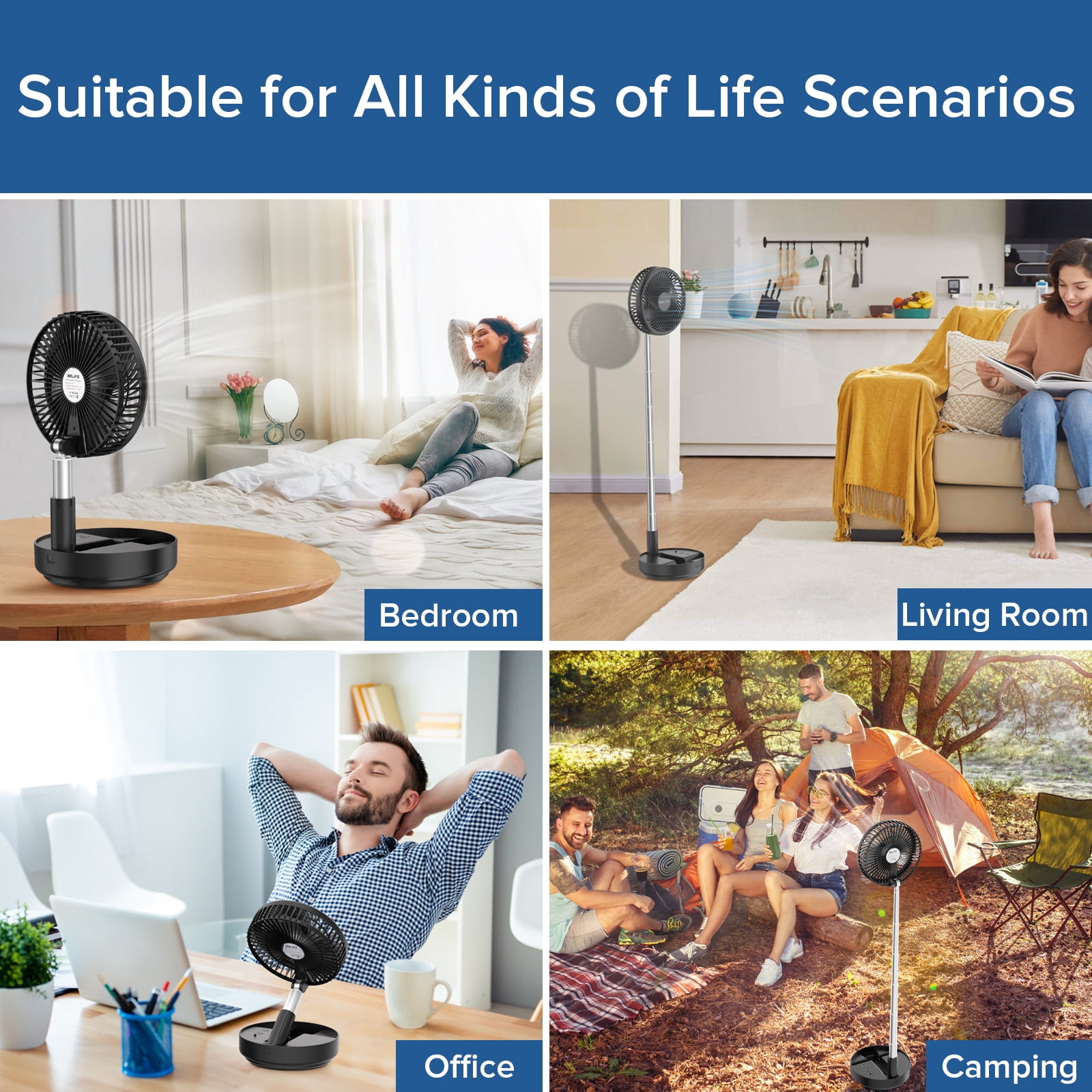 Belife X8 Portable Fan, 7200mAh Battery Powered Fan Rechargeable, Oscillating USB Desk Floor Fan with Remote, Foldable Telescopic Fan for Home Bedroom Sleeping Office Camping Travel, 7.7" (Black)