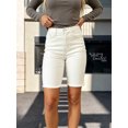 thumbnail image 6 of Women's High Waisted Stretch Denim Bermuda Shorts with Raw Frayed Hem and Contrast Stitching, Off-White Cream Casual Summer Jean Shorts, 6 of 7