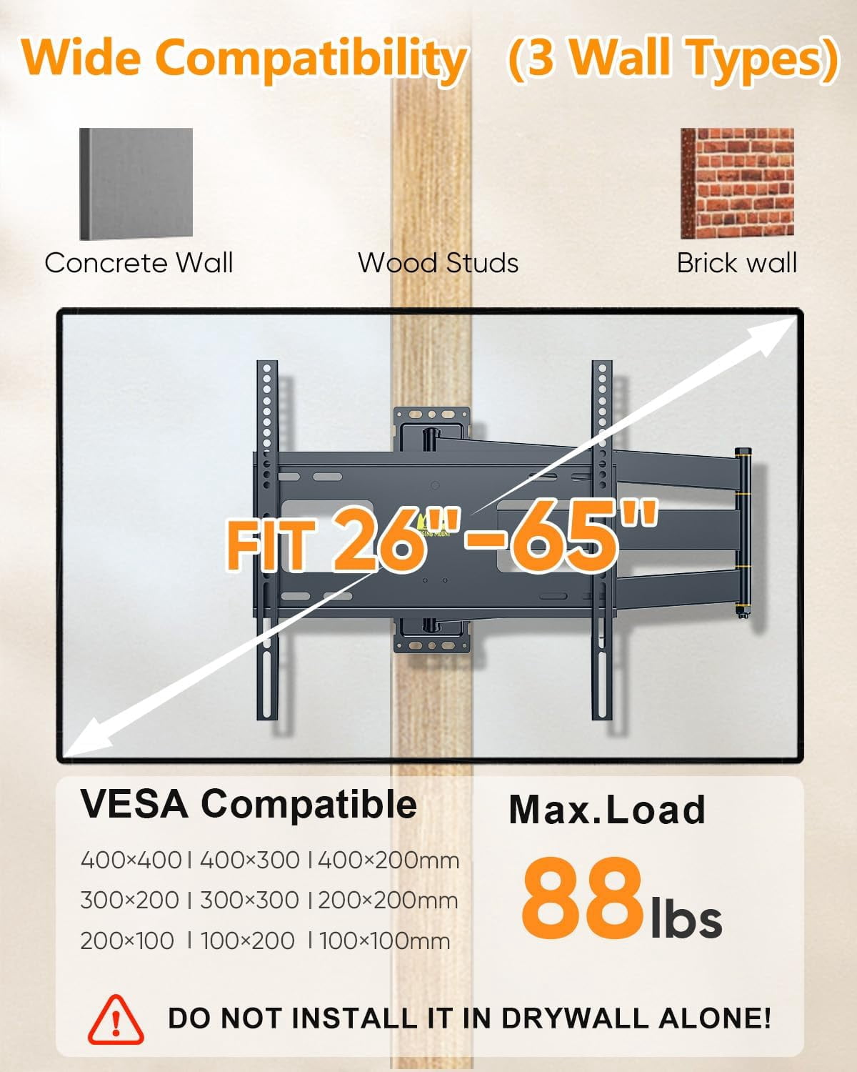FORGING MOUNT Corner TV Wall Mount Long Arm TV Mount for 23"-65" TVs, Full Motion TV Wall Mount with 33" of Smooth Extension, Holds 99lbs, Max 400X400mm