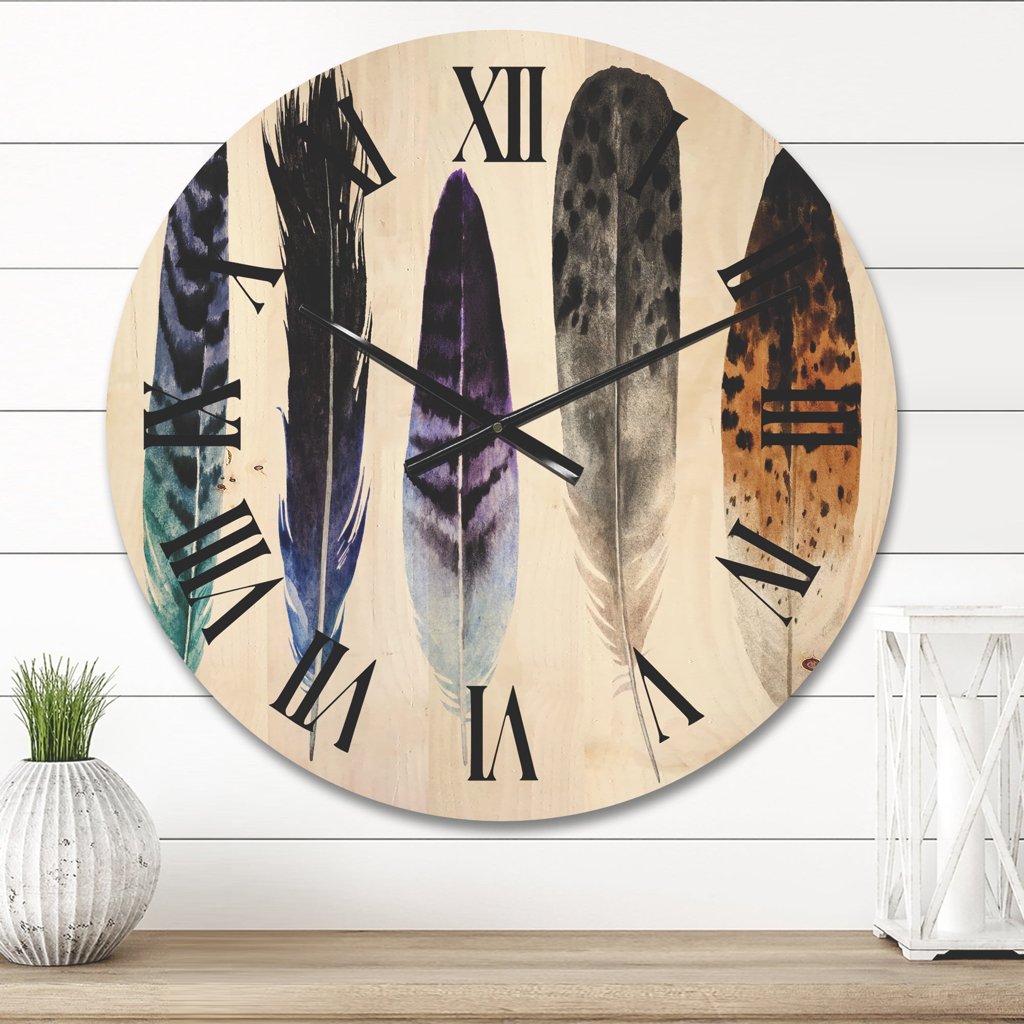 Designart 'Colourful Boho Art Feathers II' Bohemian & Eclectic Wood Wall Clock