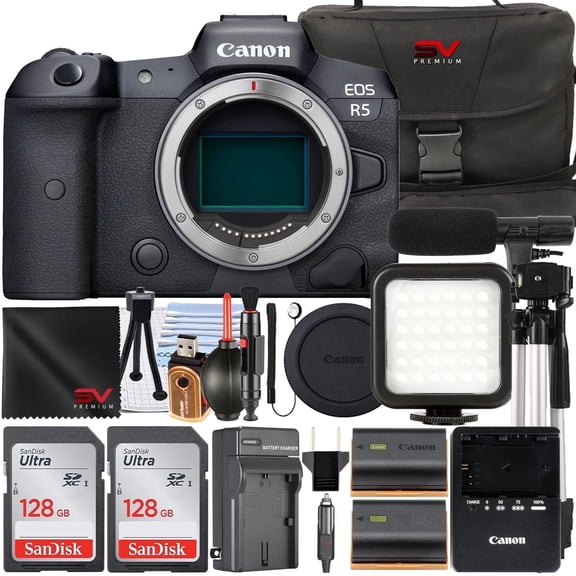 Canon EOS R5 Mirrorless Camera (Body Only) with 2 Pack 128GB Memory Card   Case   LED Flash   SV Premium Accessory Bundle (International Version)