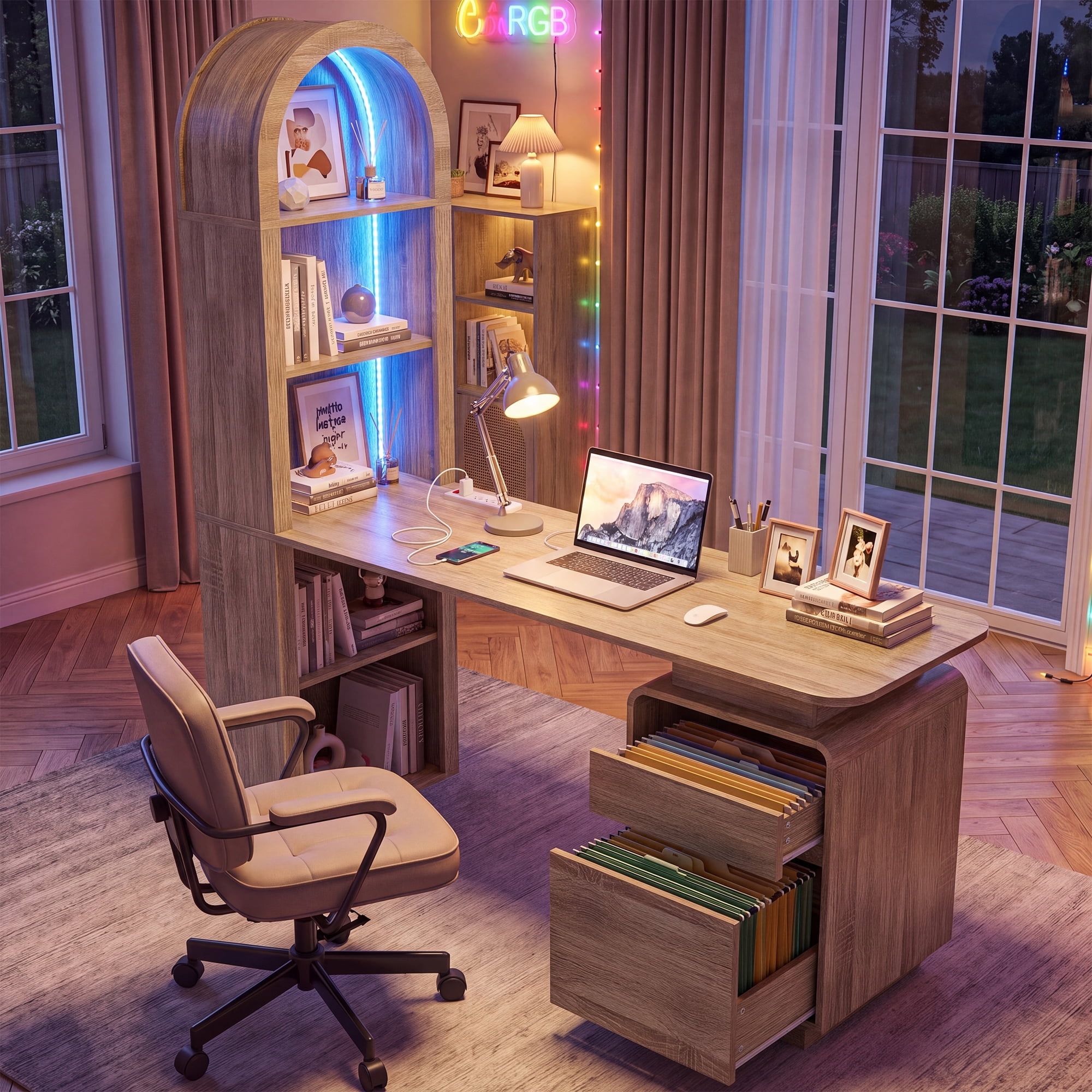 Uforic 59 Inch Modern L-Shaped Computer Desk with RGB LED Light, Built-in Charging Station for Home Office Gaming Study Room, Oak