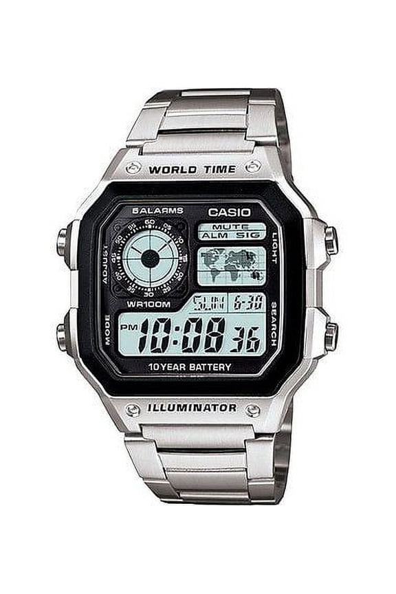 AE1200WHD-1A Men's Stainless Steel World Time 5 Alarms Chronograph Watch