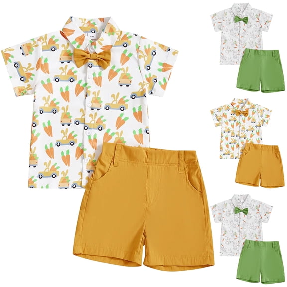 WUANDIXFA Baby Boy Easter Outfit Bunny Short Sleeve Gentleman Button Down Shirts Solid Shorts Toddler Boys Party Bow Tie Suit (Green, 18-24 Months)