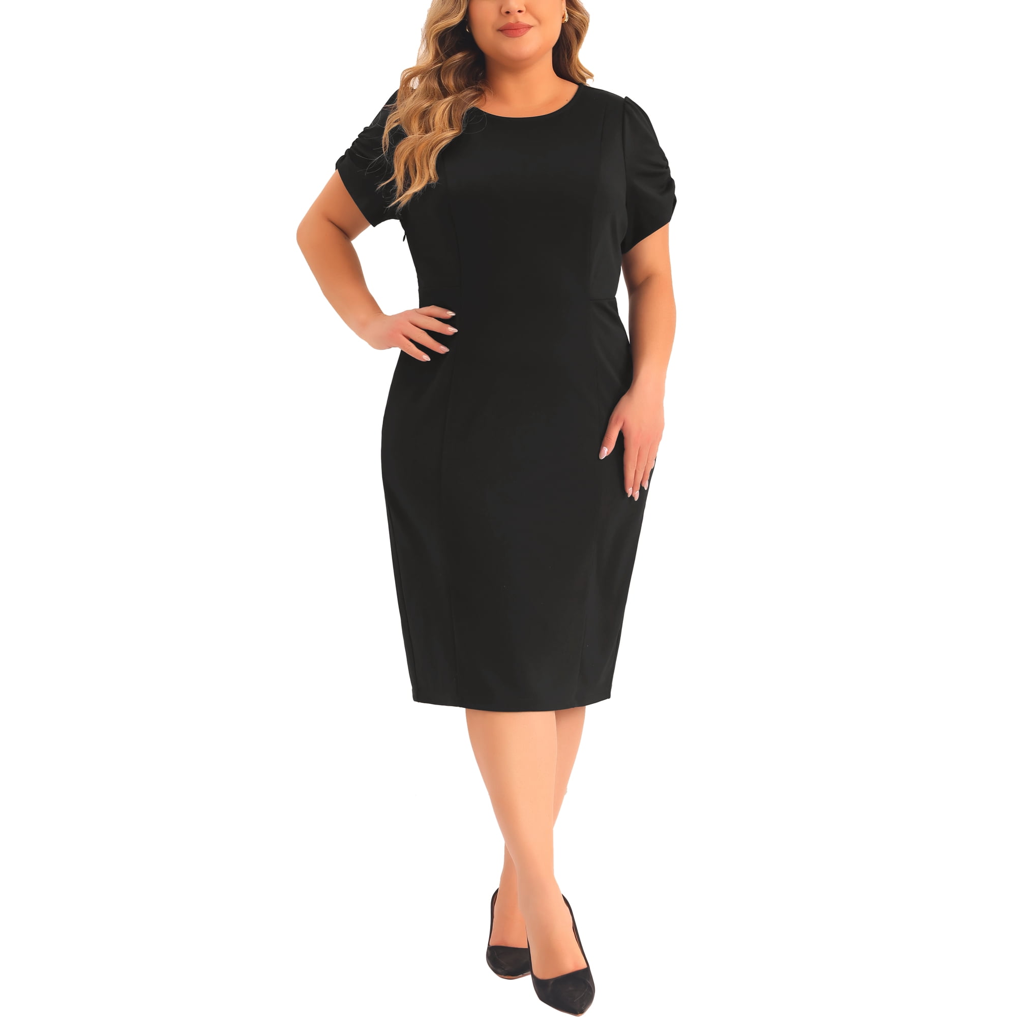 Unique Bargains Plus Size Dress for Women Short Sleeve Above the Knee Sheath Dress Office Wear to Work Dresses Black 3X