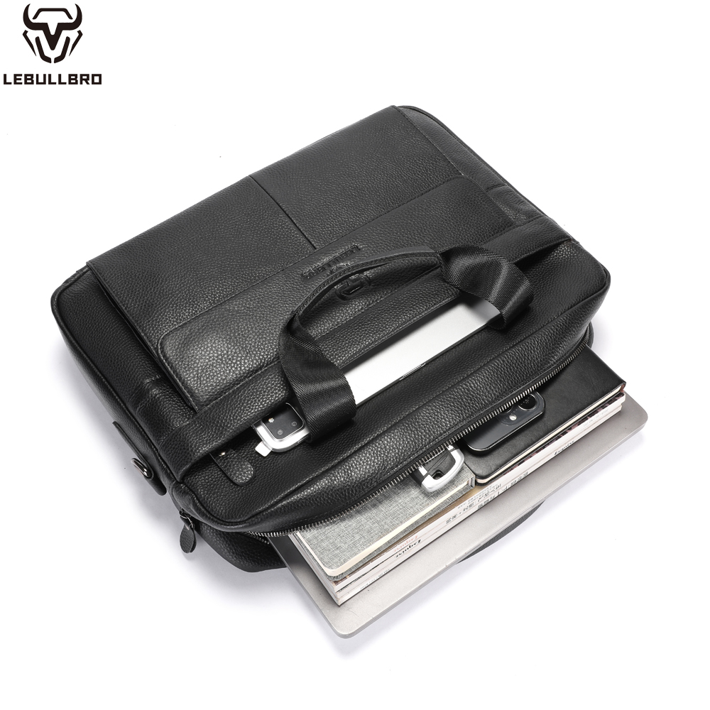 LEBULLBRO Mens Genuine Leather Briefcase Shoulder Messenger Bags Work Laptop Business Bag Black