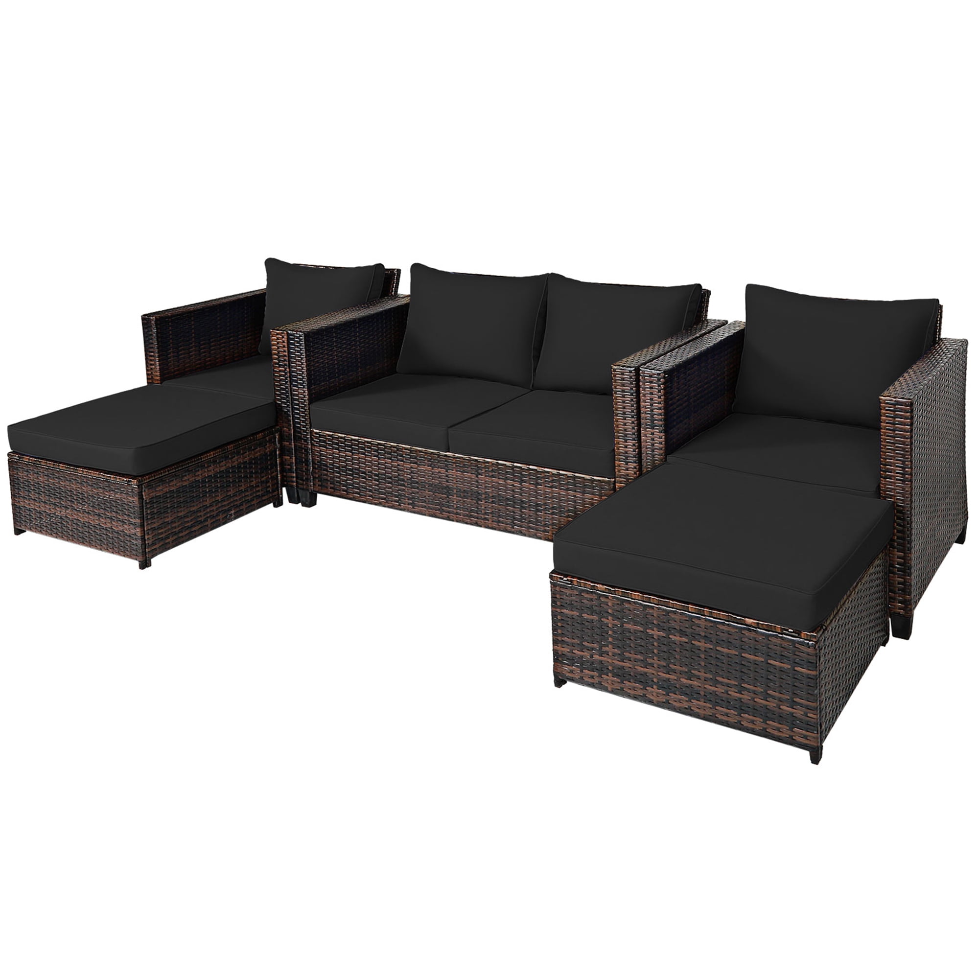 Gymax 5PCS Outdoor Patio Rattan Conversation Sofa Furniture Set w/ Black Cushions
