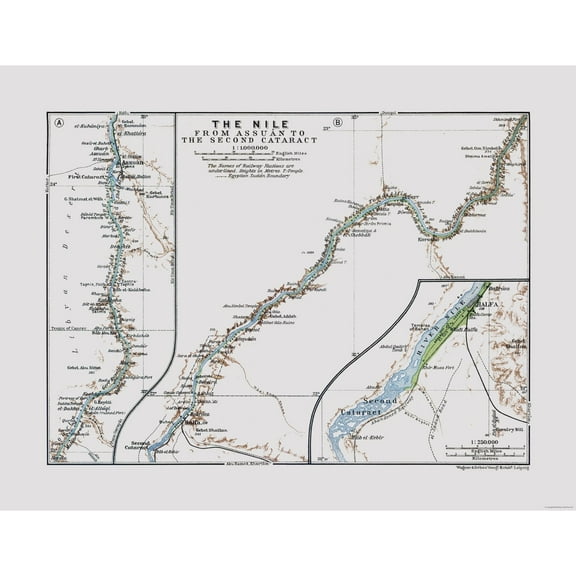 Historic Map - Aswan Egypt Second Cataract - Baedeker 1913 - 29.75 x 23 - Vintage Wall Art