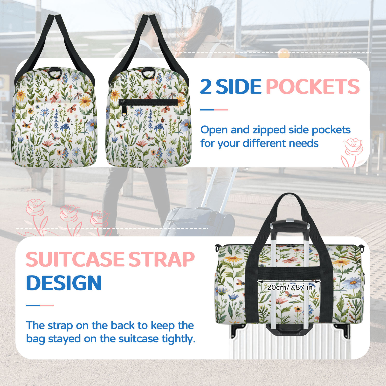 Herdesigns Spring Summer Cute Floral Gym Bag for Women, Duffle Bag for Travel Sport, Lightweight Waterproof Carry on Weekender Overnight Dance Yoga Workout Bags