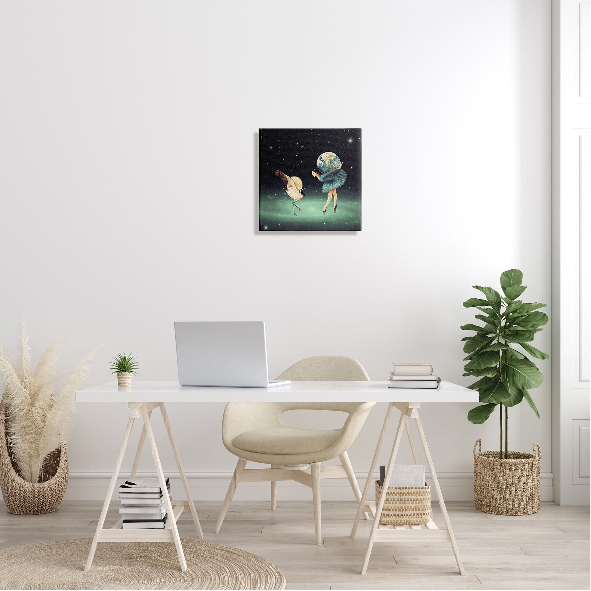 Crane Bird Ballerina Holding Earth Moon Starry Nebula Animals & Insects Painting Gallery-Wrapped Canvas Print Wall Art