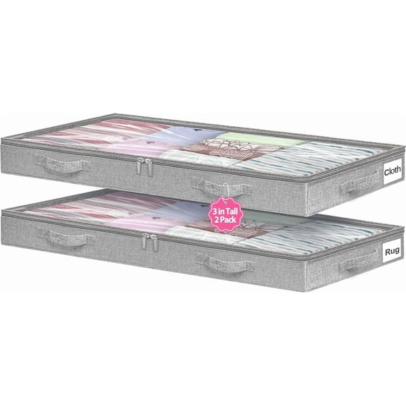 3-Inch High Under Bed Storage Containers, Low Profile Underbed Bins, NO RIGID STRUCTURE, Foldable Clothes Storage Organizer w/Lid & Zipper, Shallow Storage for Low Beds, Couches & Cribs, 2-Pack, Gray