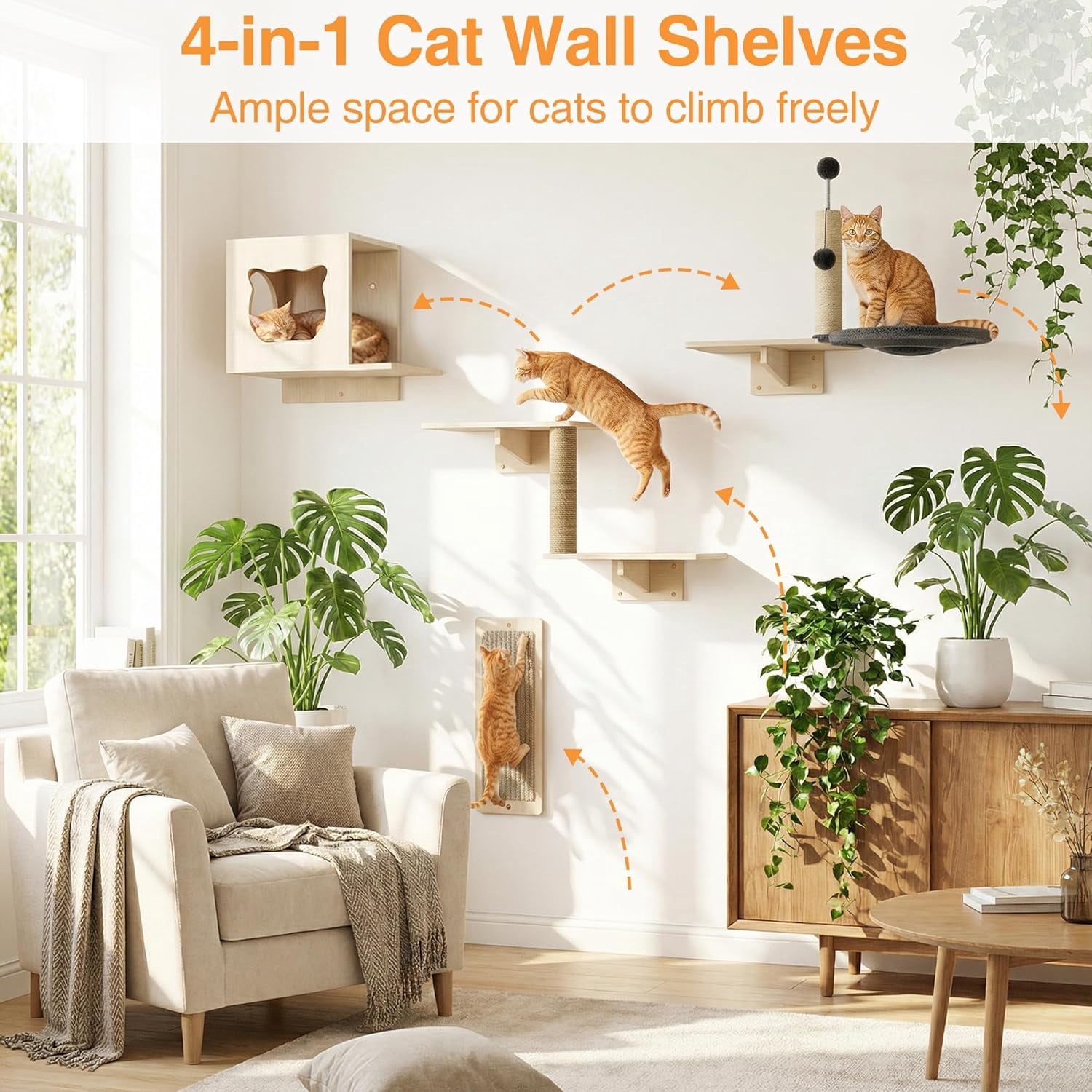 Cakhdry  Wall Shelves Wooden Multi-Level Climbing Furniture with Sisal Scratcher Perches Bed Ball Space Saving Wall Mounted for