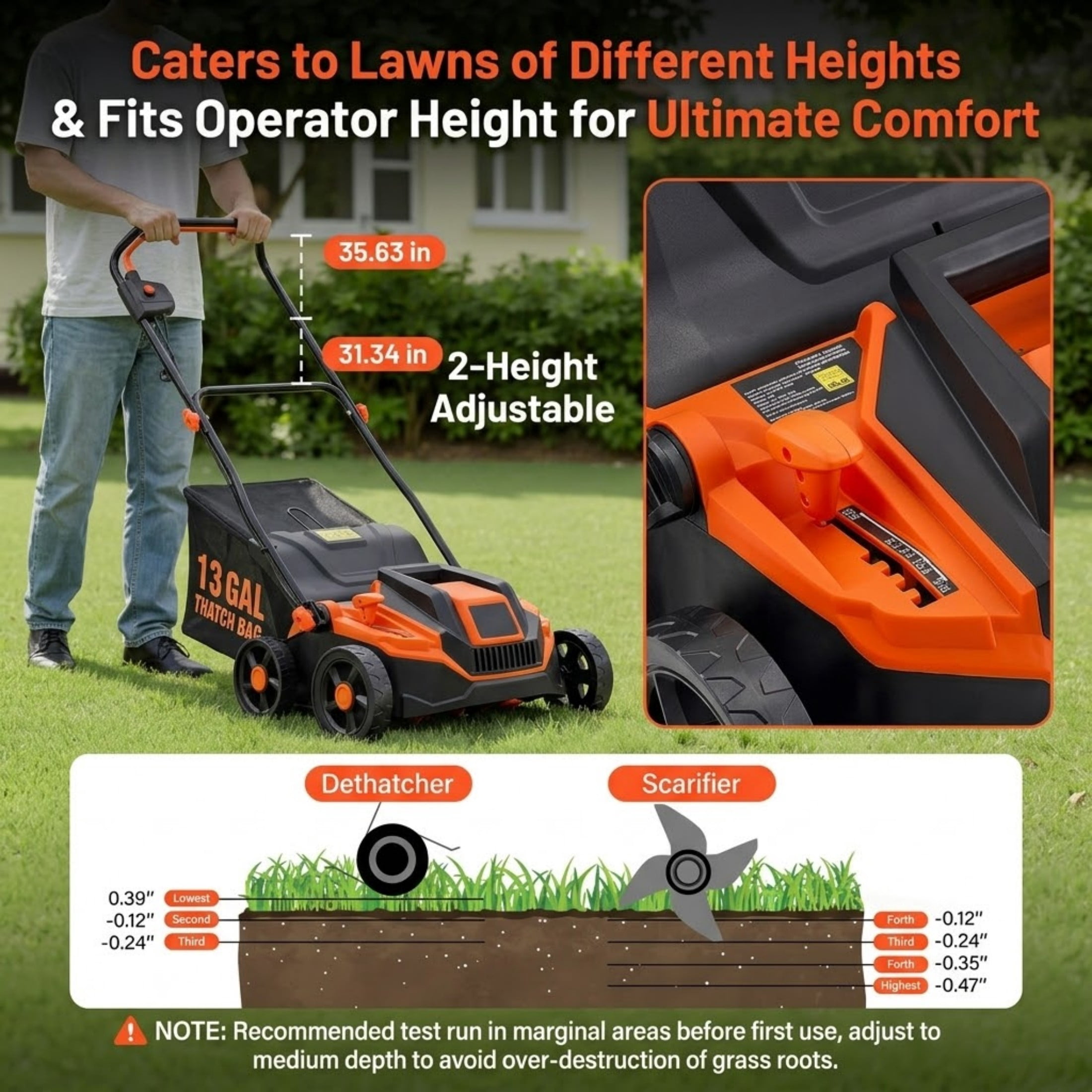 13-Inch 13 Amp Electric Dethatcher and Scarifier, 2-in-1 Corded Lawn Dethatcher with 13-Gallon Collection Bag & 5-Position Depth Adjustment