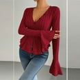 thumbnail image 5 of DAFPZW Womens Bell Sleeve Peplum Sweaters Fashion Fall V-Neck Button Down Elegant Ruffle Hem Sexy Slim Knit Tops Clothes, 5 of 6