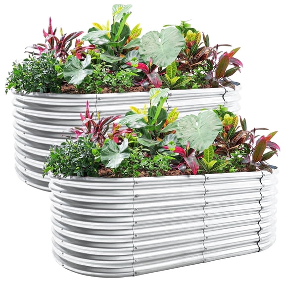 Land Guard 2 packs 8×4×2ft Raised Garden Bed Outdoor Galvanized Planter Boxes Oval Large Metal Raised Garden Beds for Vegetables (Sliver)