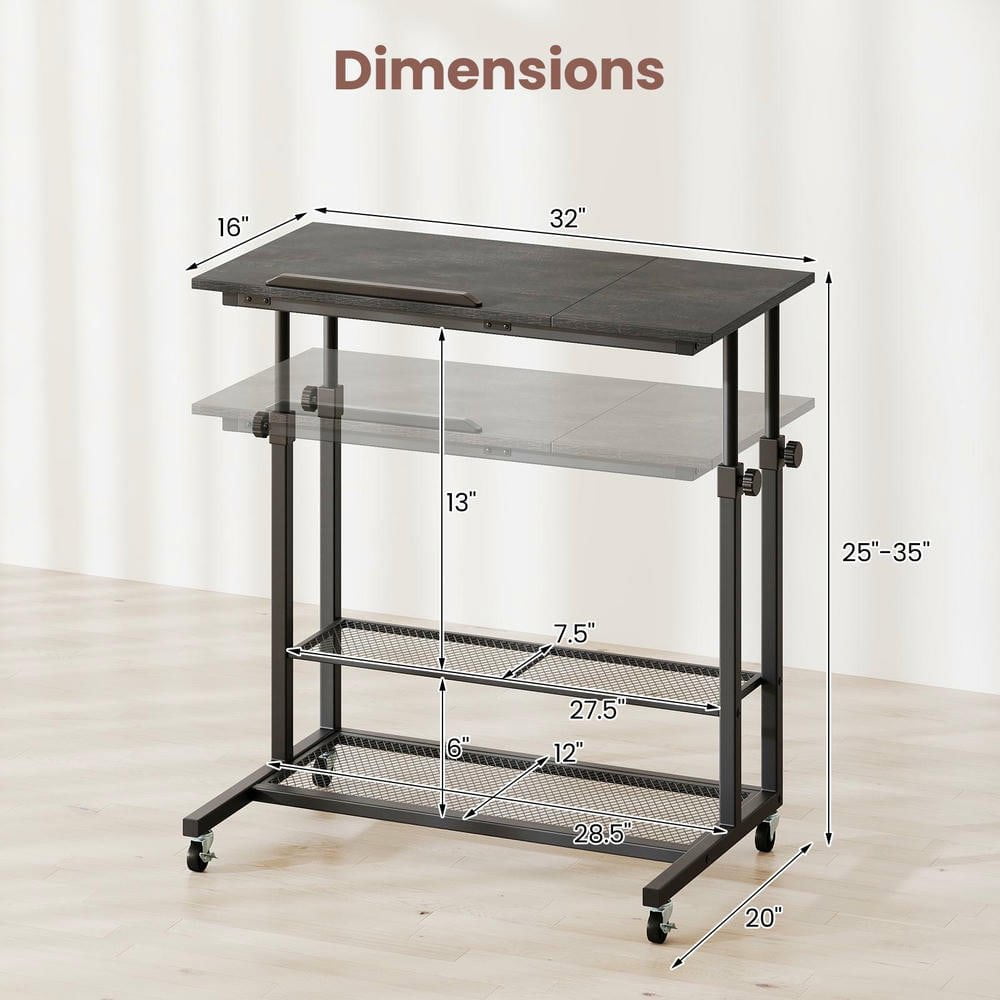 Resenkos Mobile Height-Adjustable Standing Desk with Tilting Tabletop - Black Oak/Black