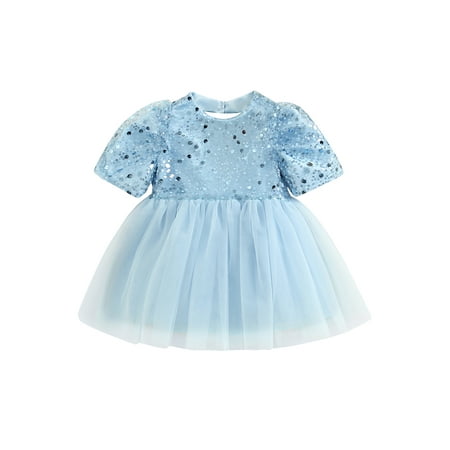 

Gwiyeopda Kids Baby Party Dress Elegant Sequined Short Sleeve Princess Mesh Tulle Tutu Gowns
