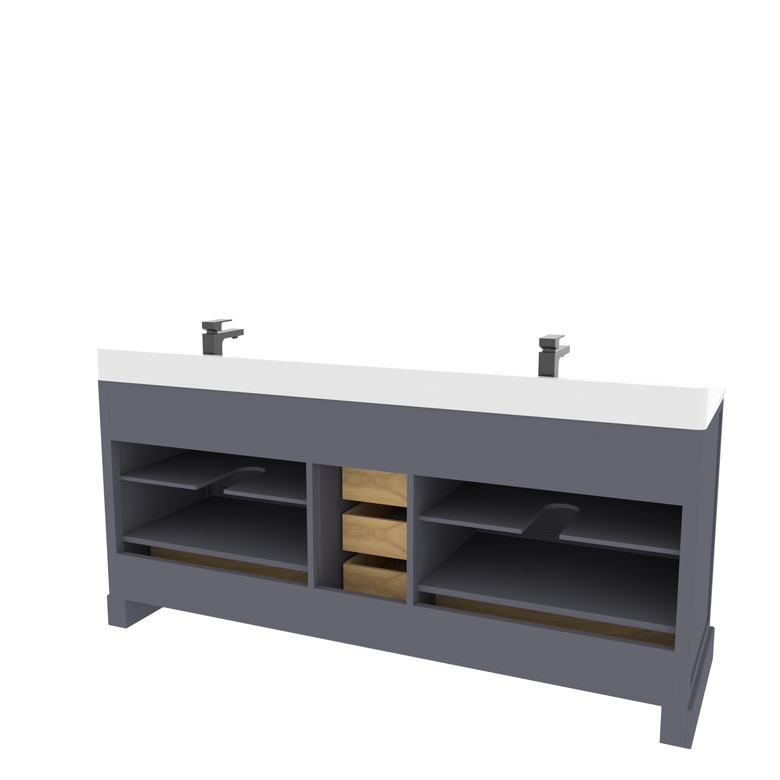 Ayna Decors Maya 72 in Charcoal Grey Double Sink Bathroom Vanity Set with White Quartz Countertop | 4 Soft Closing Doors | 6 Full Extention Soft Close Drawer | Black Hardware