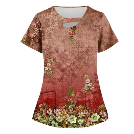 

YDKZYMD Scrubs for Women Summer Floral Printed V Neck Short Sleeve with Two Pocket Plus Size Workwear for Women Red 4XL