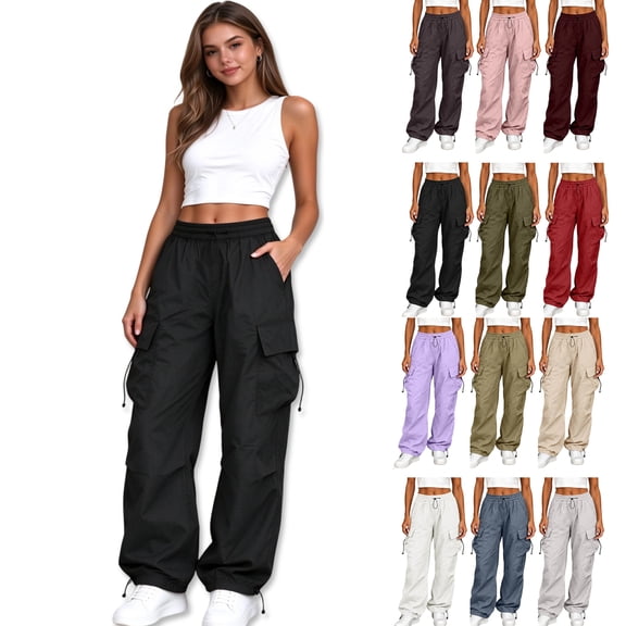 Aloohaidyvio Cargo Pants for Women High Waisted Stretchy Drawstring Casual Wide Leg Pants with Pockets