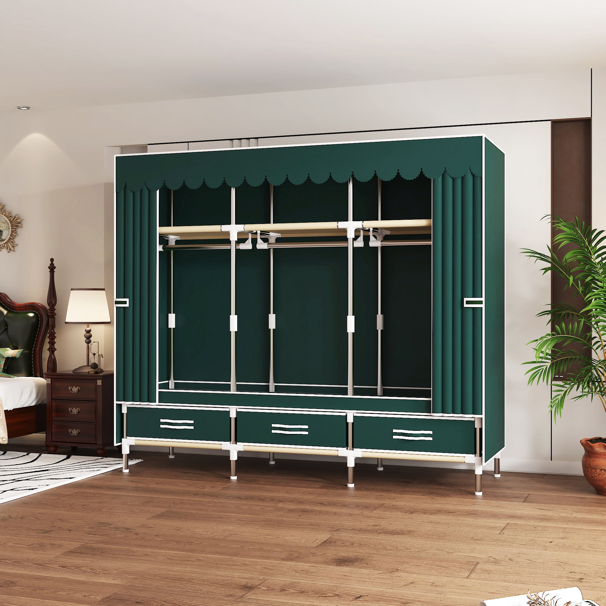 ArluKin 59Inch Portable Wardrobe Closet, 3 Storage Spaces with 3 Hanging Rods,3 Drawers，Steel Frame Fabric Organizer, Easy Assembly and Dust Resistant Design, green