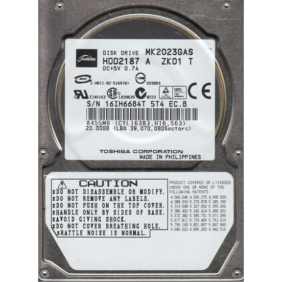 MK2023GAS, A0/MB001A, HDD2187 A ZK01 T, Toshiba 20GB IDE 2.5 Hard Drive