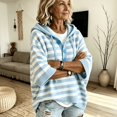 thumbnail image 4 of Yuaguia Women's Striped Hooded Sweatshirt, Button Front Knit Pullover Sweater, 3/4 Sleeve Casual Top, Lightweight Drawstring Clothes for Everyday Office Wear, Blue XL, 4 of 6