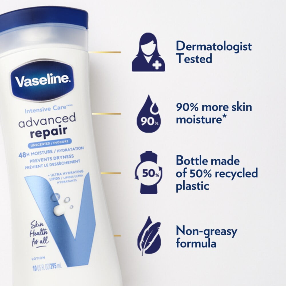 Pack of 2 Vaseline Intensive Care Body Lotion Advanced Repair Unscented for Dry Skin, 10 fl oz (Package May Vary)