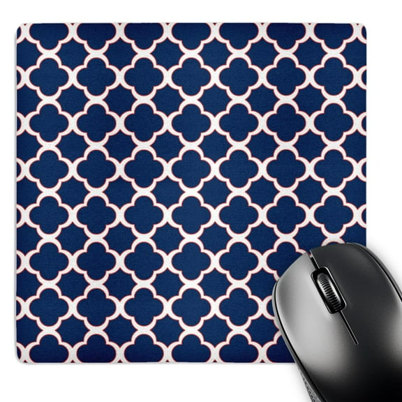 3dRose, Quatrefoil Pattern Navy Blue and White with Red Accent, MousePad