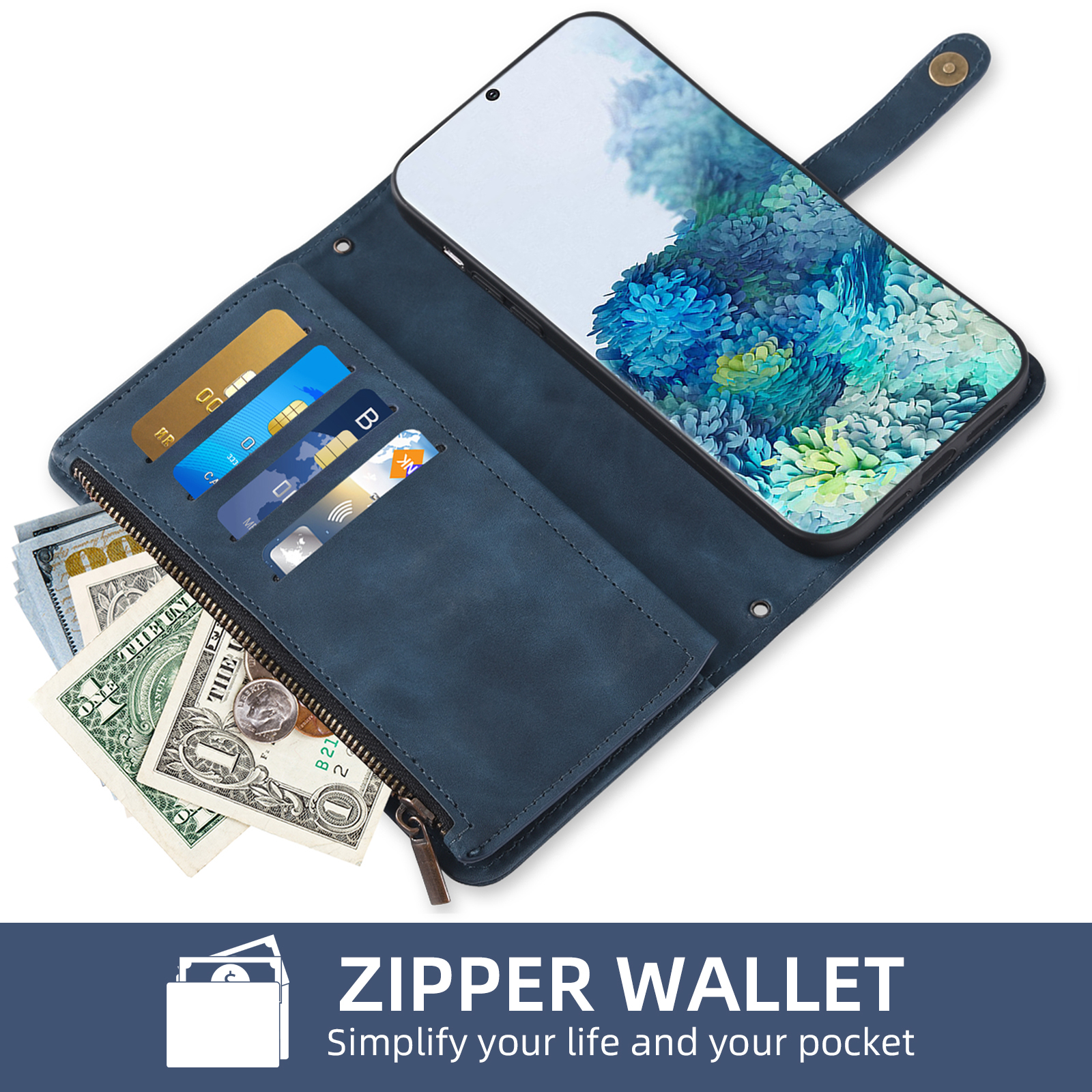 Asuwish Phone Case for Samsung Galaxy S20 Plus S20+ 5G Wallet Cover With Tempered Glass Screen Protector Wrist Strap Flip Pattern Zipper Card Holder Cell S20+5G S20plus 20S + S2O S 20 20+ G5 Men Blue