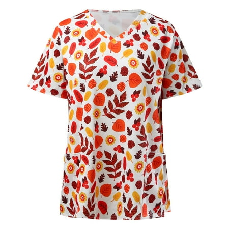 

TAIAOJING Women s Scrub Top Thanksgiving Short Sleeve V Neck Turkey Printed Top Nursed Working T Shirts Blouse With Pockets